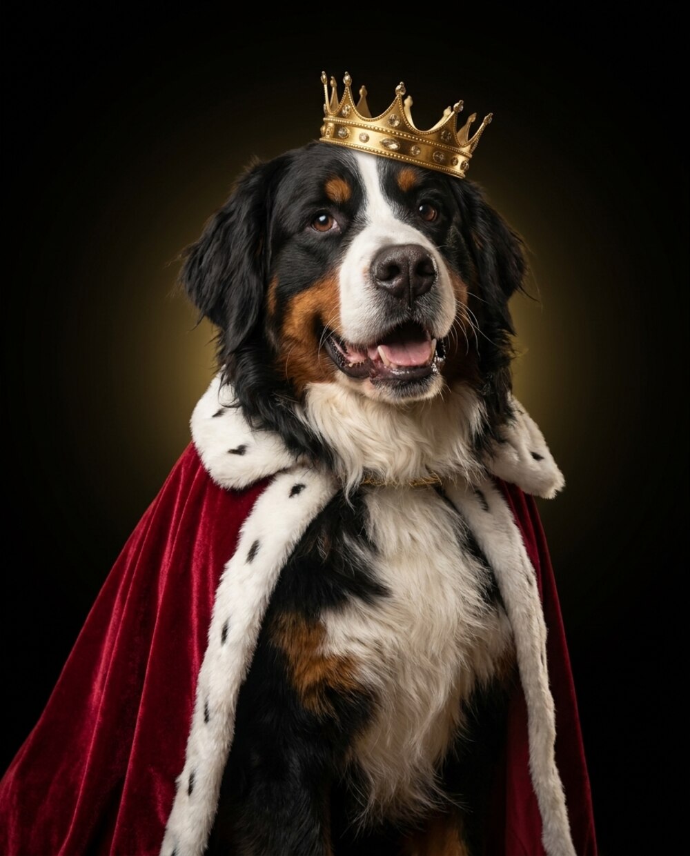 Atticus the Royal Hound: a Bernese Mountain Dog wearing a gold crown and crimson royal cape